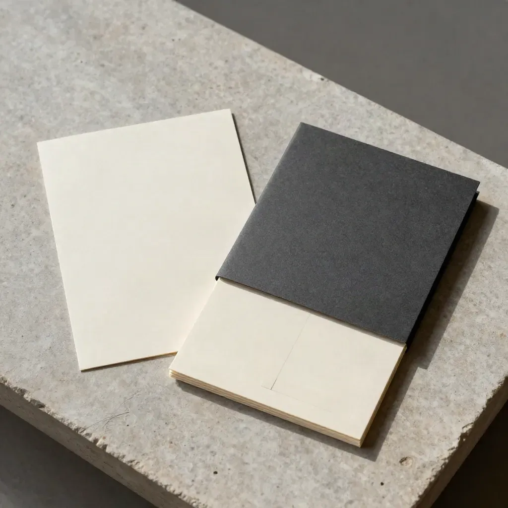 Top-down flat lay of cream cards, charcoal sleeve, insert and tabs on pale stone.
