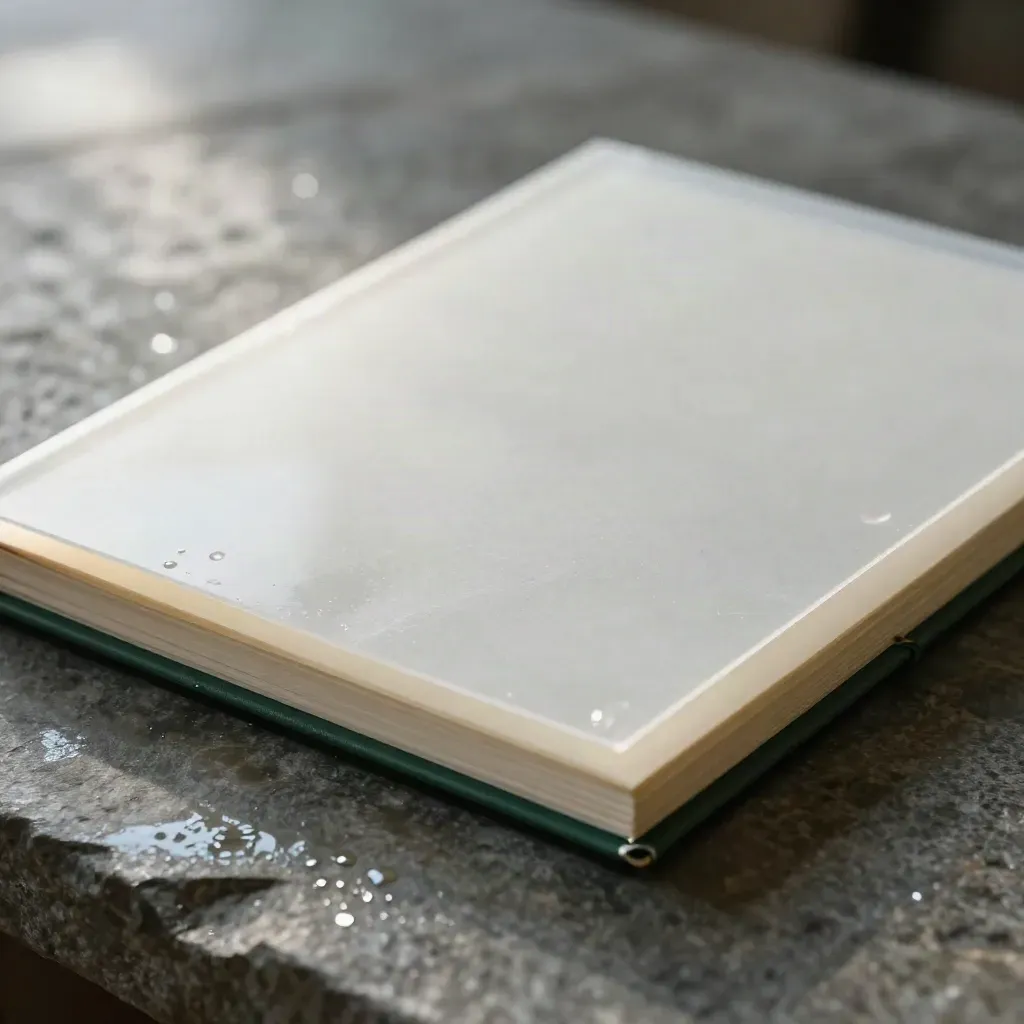 Acetate sheets, softbound notebook and paper wrap on wet stone with mist and rim light.