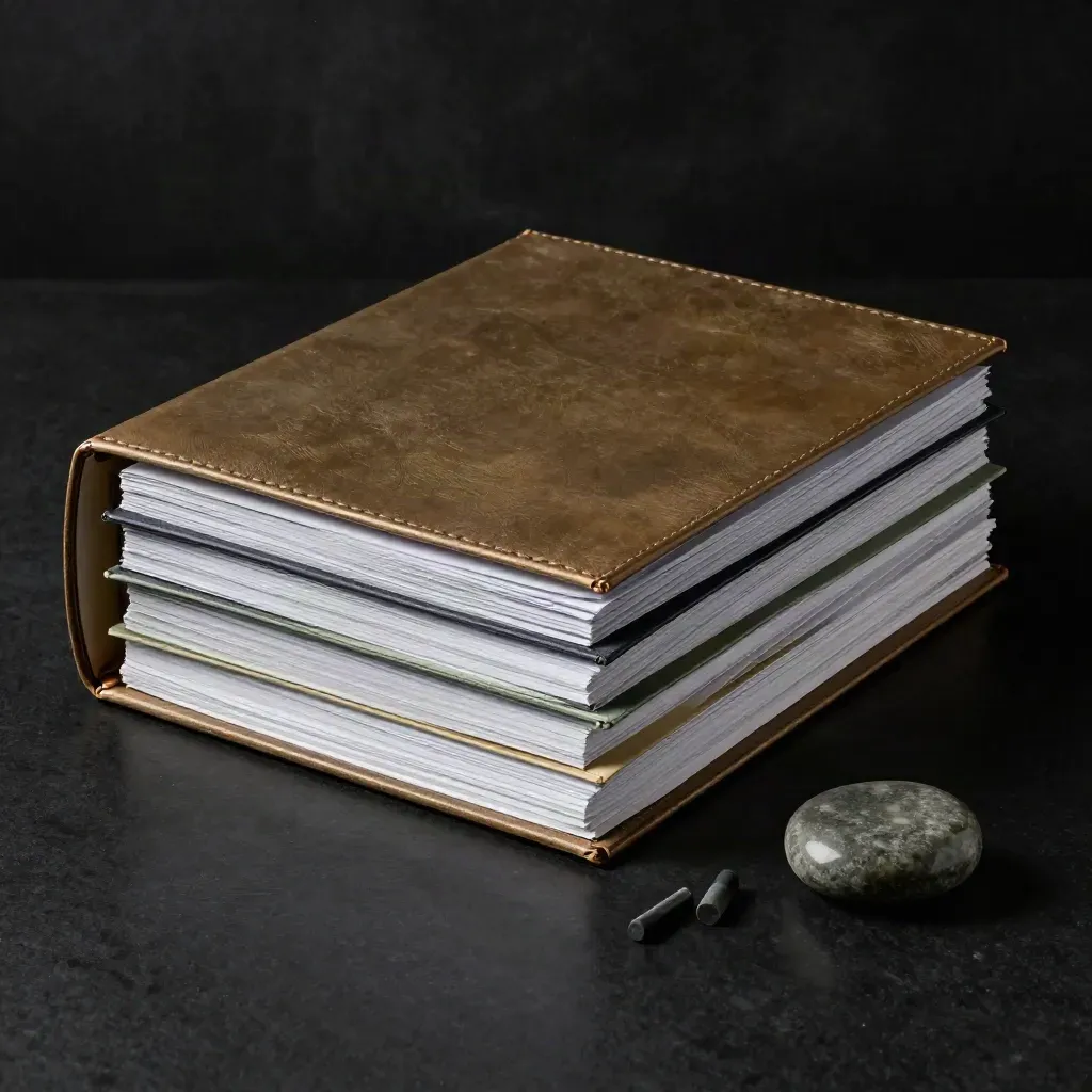 Research brief packet with dividers and paperweight on a dark studio surface.