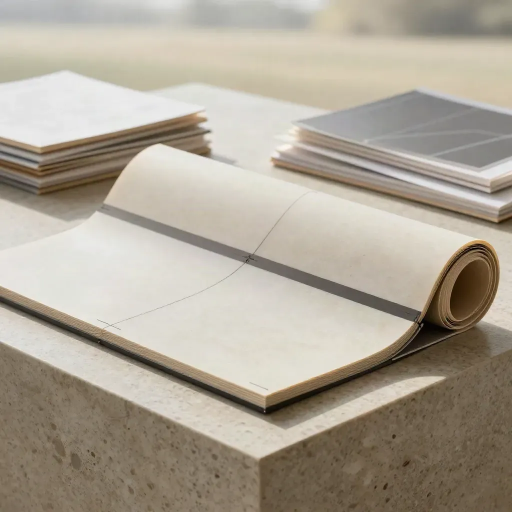 Arched launch plan map board with acetate overlays on travertine, softly lit and dramatic