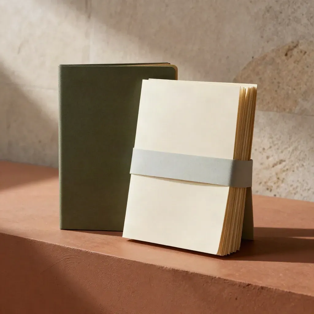 Retainer paper stack and folder on a terracotta ledge in soft studio light.
