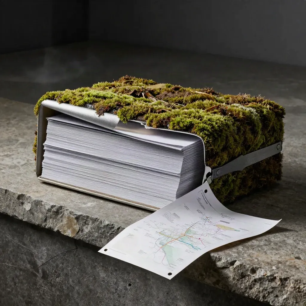 Moss-wrapped workshop bundle with blank decks and folded roadmap board on a stone ledge.