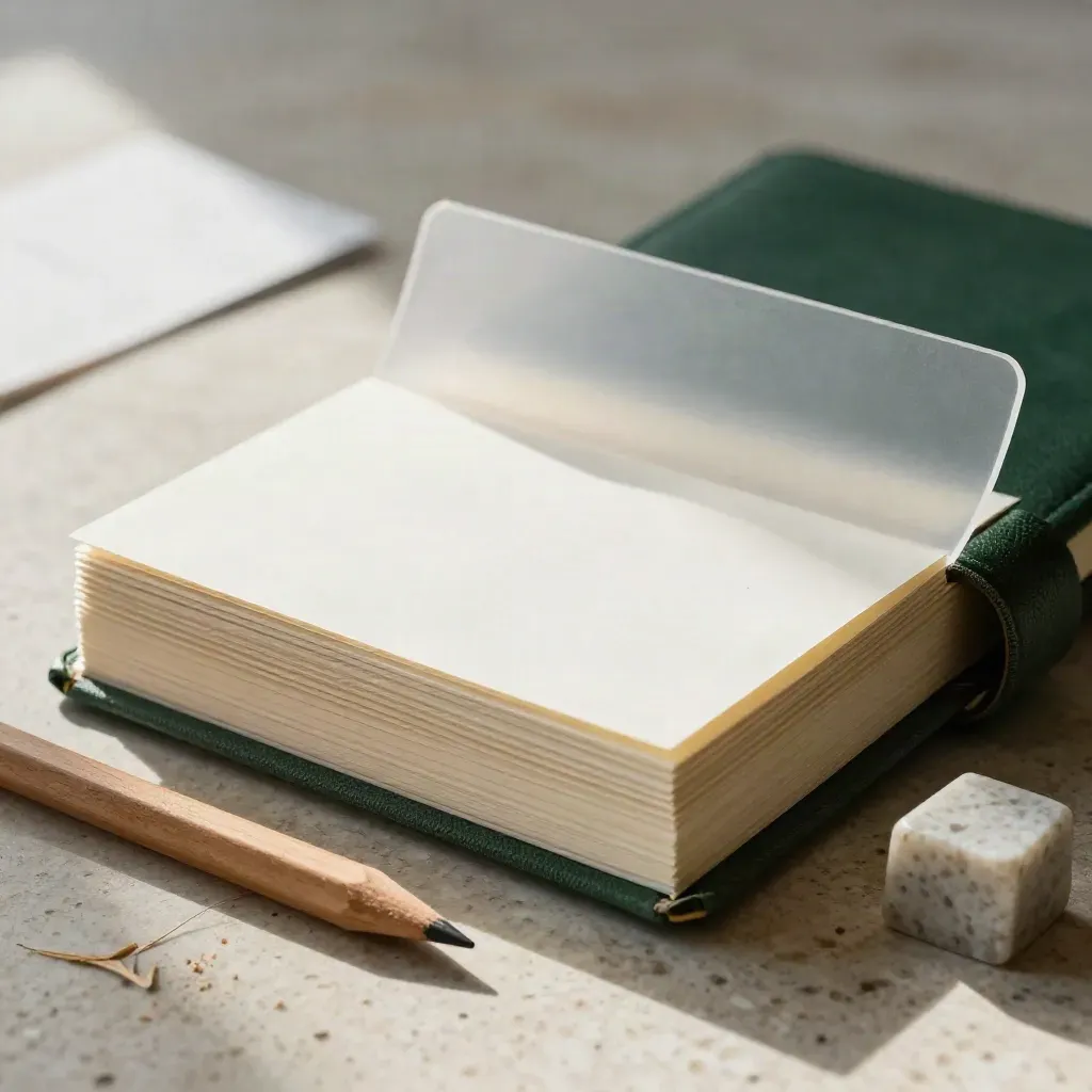 Macro stack of interview cards, notebook, divider sleeve, pencil stub and stone weight on travertine.
