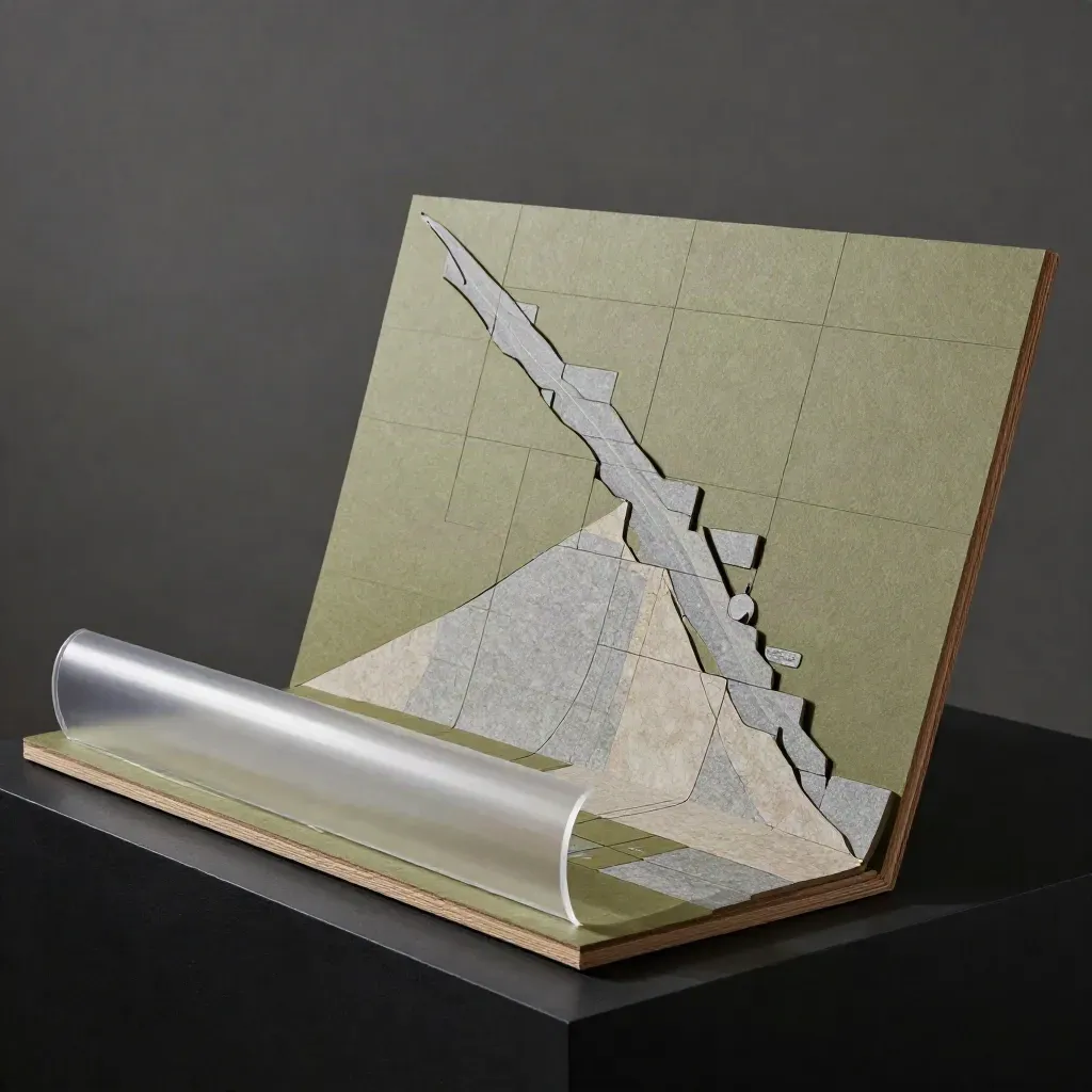Dark roadmap workshop board with acetate overlay on a black pedestal, lit with a bright rim