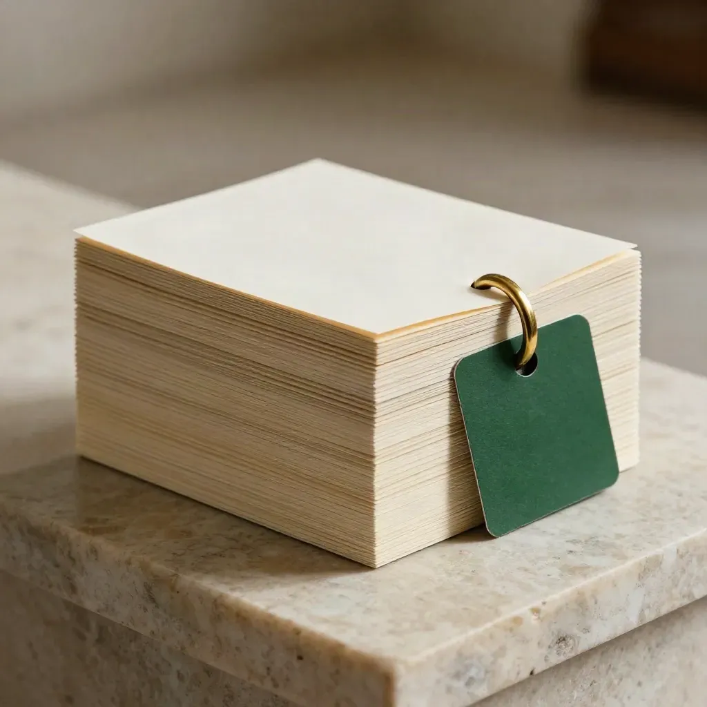 Compressed appointment card stack with brass ring clasp and green backing card