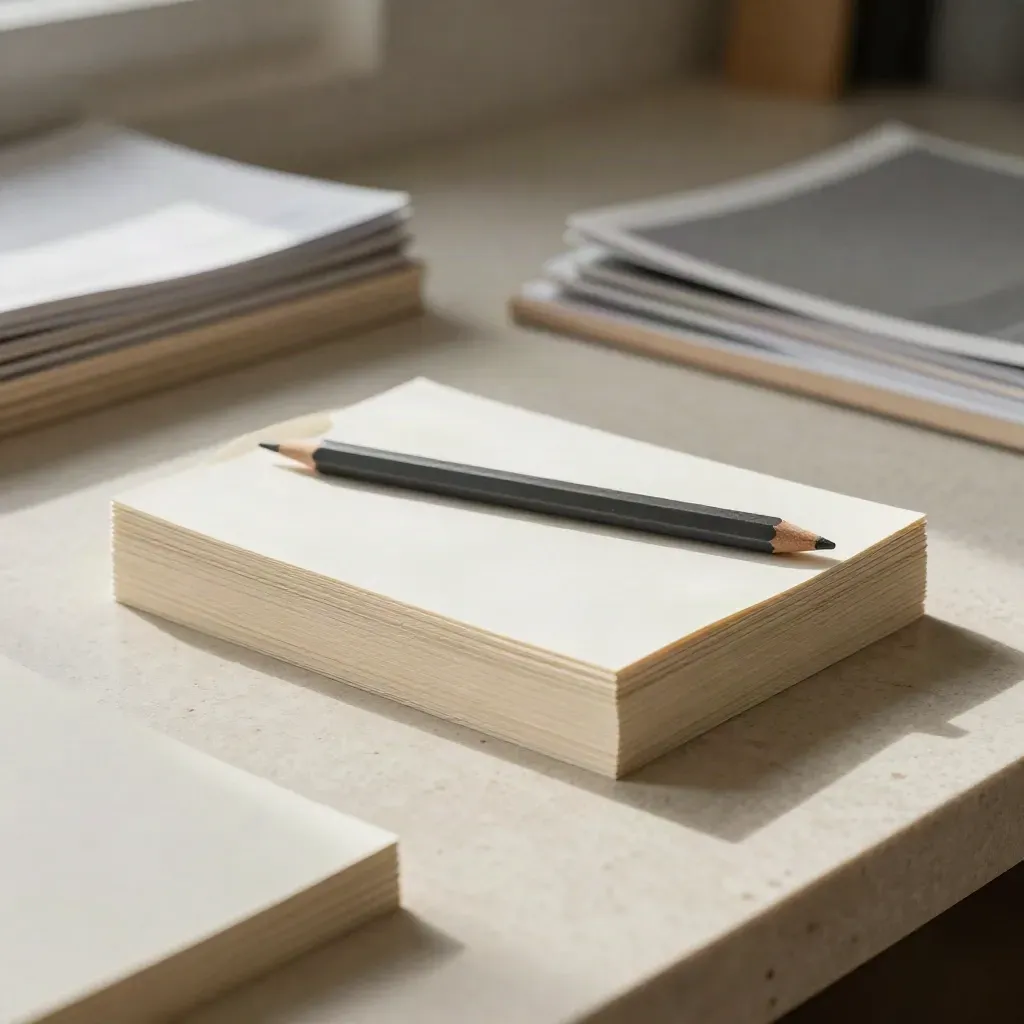 UX copy notes cards, blank tabs, pencil and sleeve on a pale workbench under rim light.