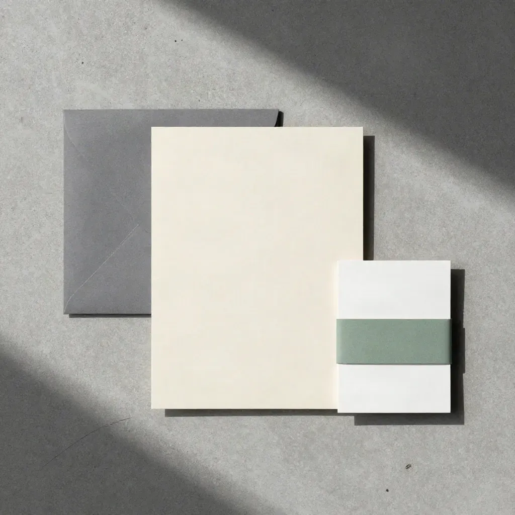 Overhead flatlay of a blank board, sealed envelope, and folded card set on concrete.