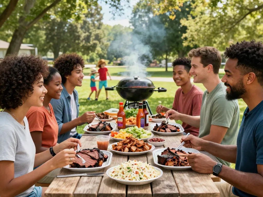 Delicious BBQ takeout Alberta picnic scene with family enjoying smoked meats and vibrant sides.