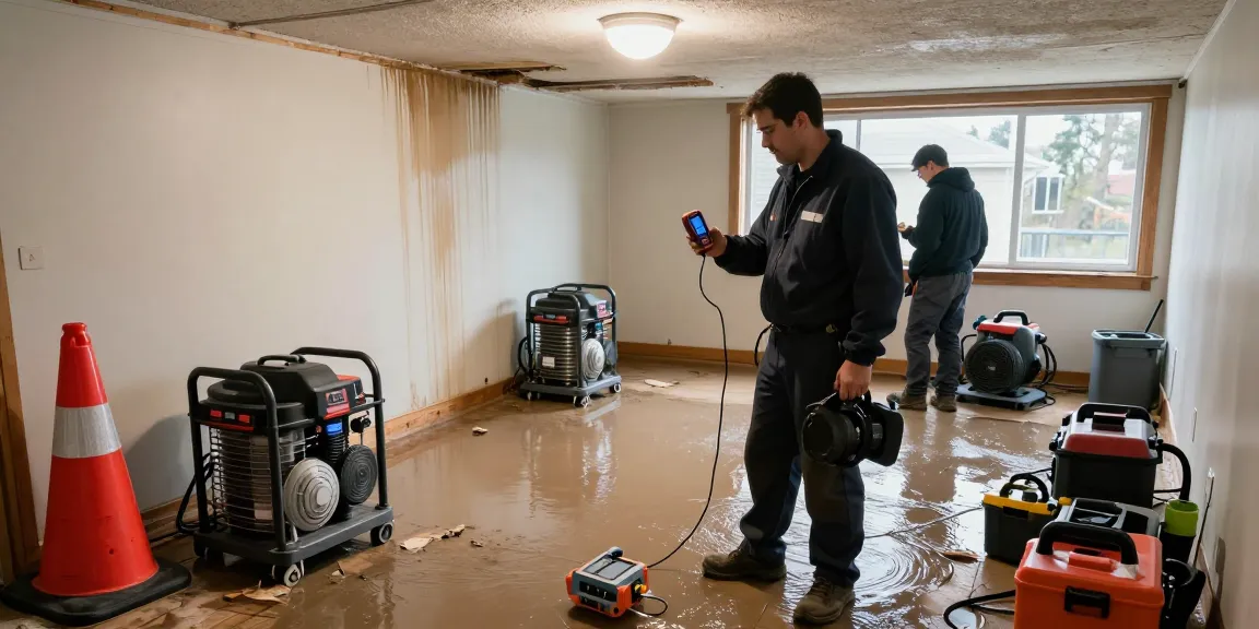 Water Damage Restoration North Vancouver technician assessing flood damage with advanced equipment in a flooded basement.